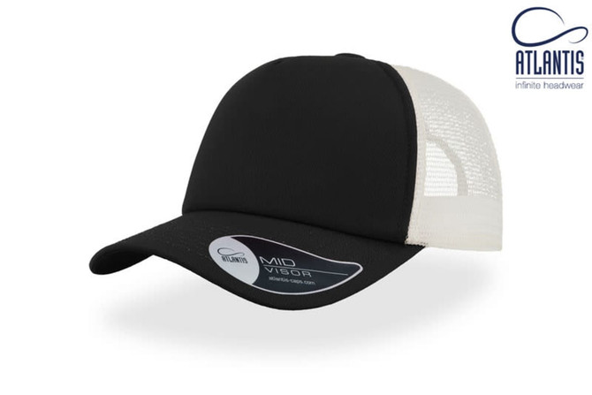 A black trucker cap with a mesh back and a branded logo on the side.
