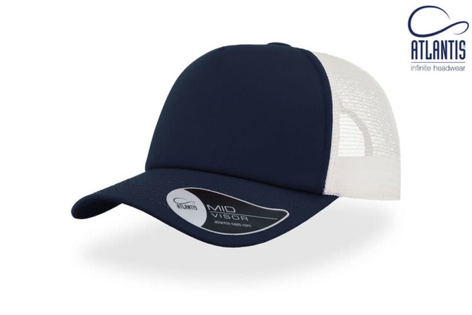 A navy trucker cap with a white mesh back, featuring a branded logo on the side.