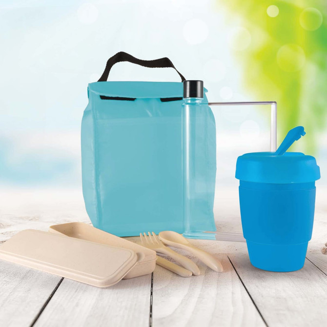 A turquoise picnic pack containing a drink bottle, reusable cup, cutlery, and food containers.