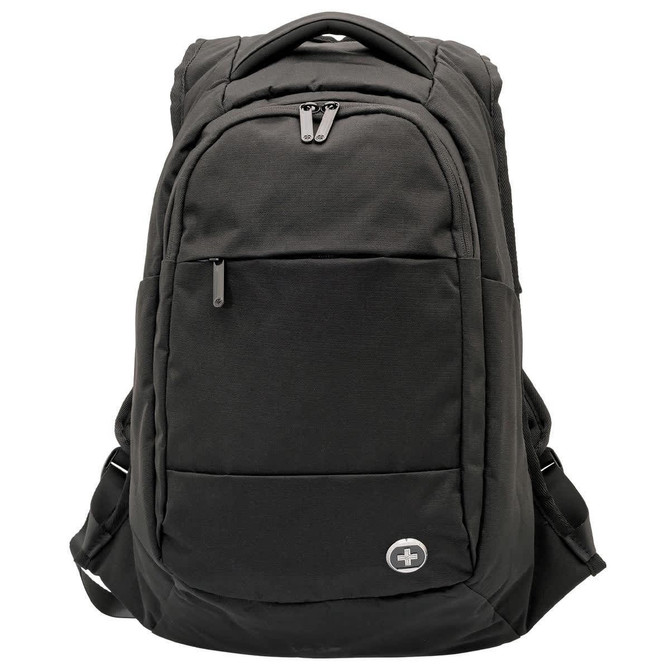 A black backpack with multiple zippered compartments and padded straps, featuring a small logo on the front.