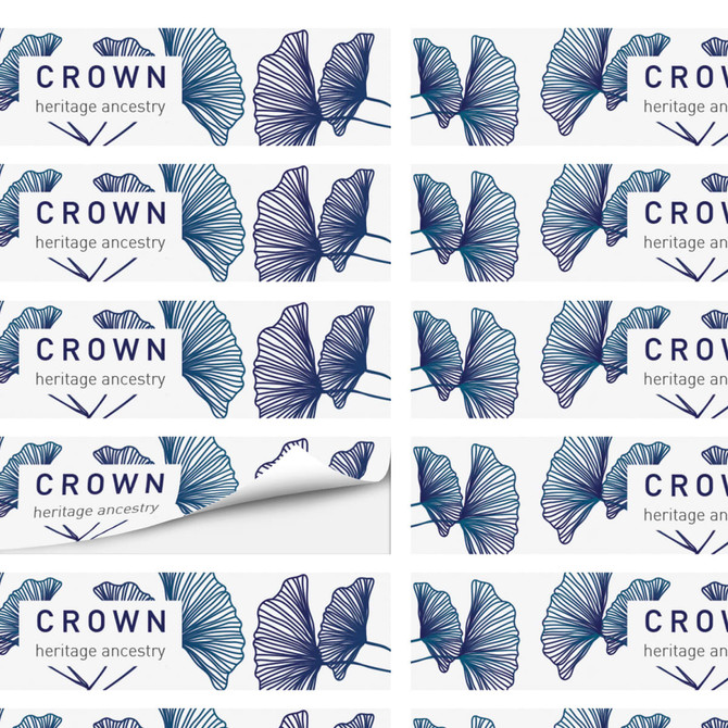 AD Labels in a diagonal pattern, featuring a navy blue and white design with leaf motifs and a logo.