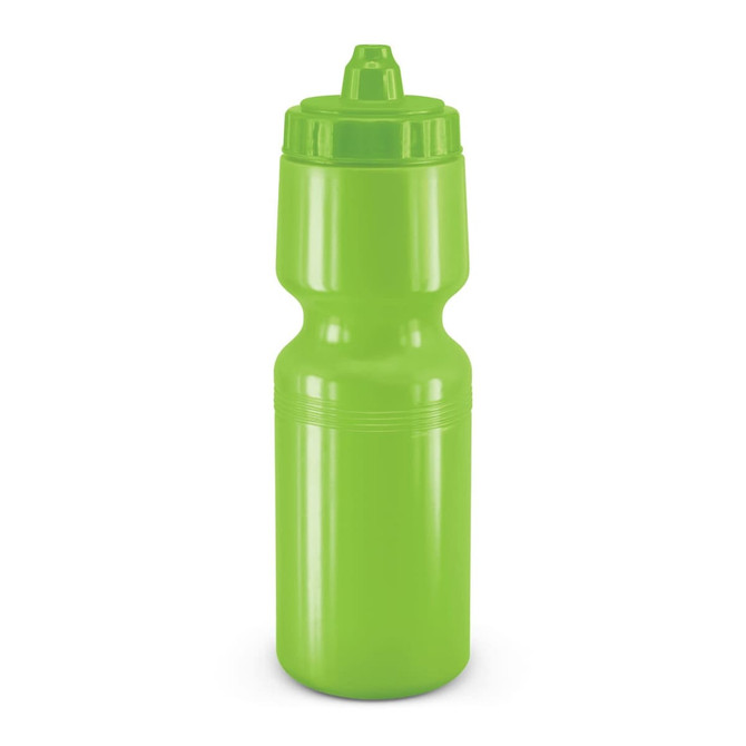 A drink bottle in bright green with a fitted top and a logo. The design is sleek and contoured for easy handling.