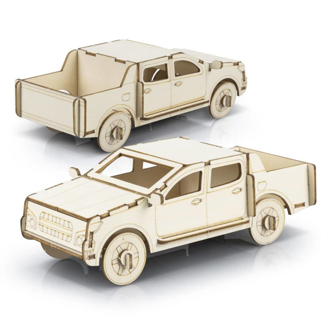 A wooden model of a UTE in a light beige colour, featuring detailed cutouts and movable wheels.