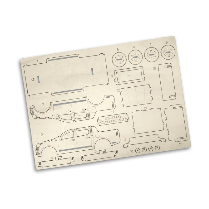 A wooden model kit featuring a UTE design, unassembled with various cut-out parts on a light background.
