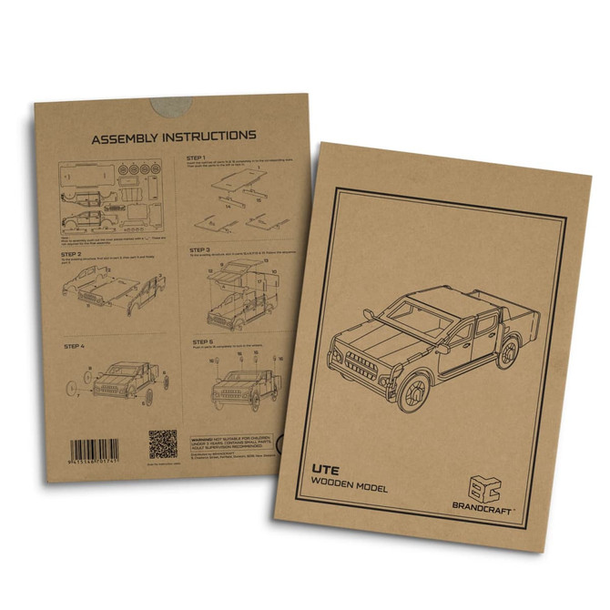 A brown cardboard packaging featuring assembly instructions for a wooden UTE model by BRANDCRAFT.