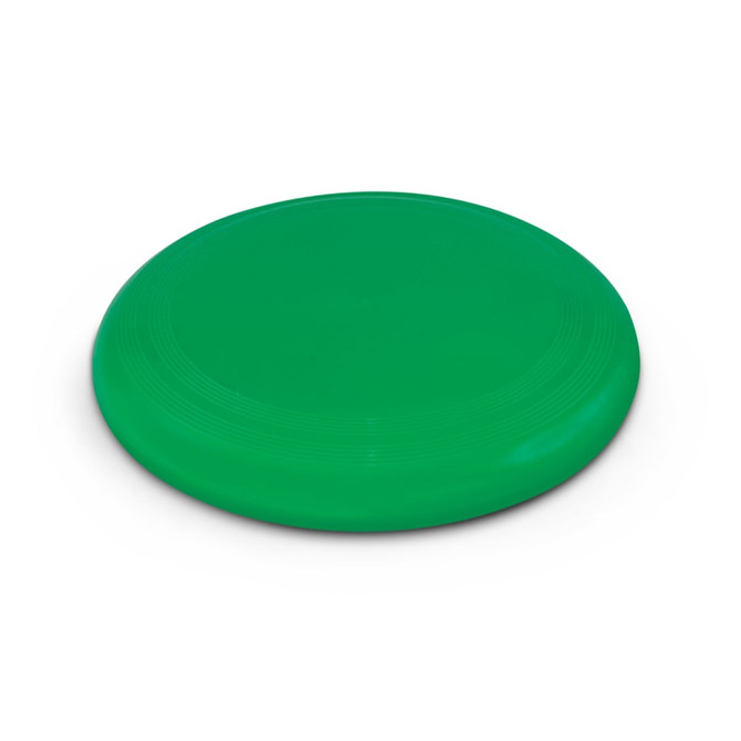A green flying disc with a smooth surface and rounded edges. It features a circular shape and a branding logo.