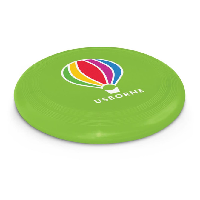 A large green frisbee featuring a multicoloured hot air balloon design and a logo.