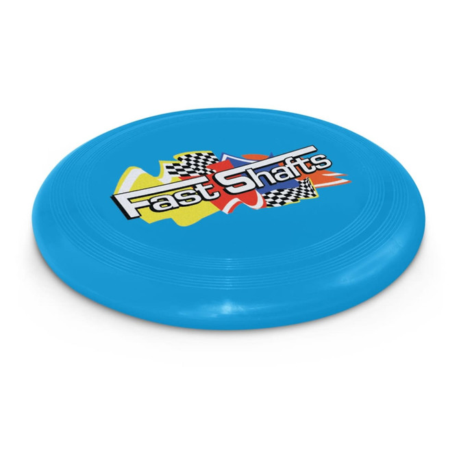 A blue frisbee with a logo, featuring vibrant graphic elements in yellow, red, and black.