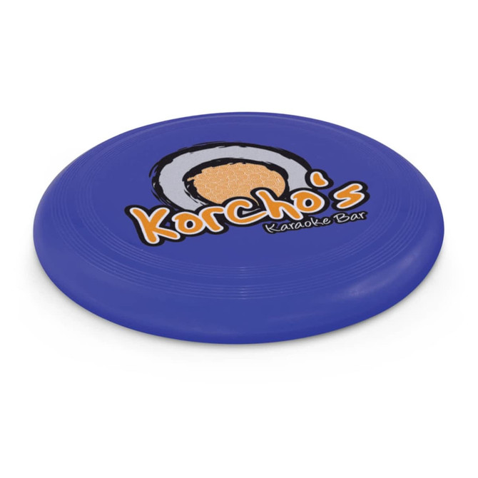 A blue frisbee with a circular logo and text featuring "Korcho's Karaoke Bar."