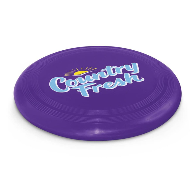 A purple frisbee featuring a logo with the words "Country Fresh" in blue and white.