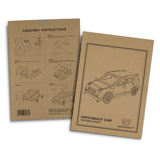 A wooden model kit featuring assembly instructions for a hatchback car, presented in a brown cardboard package.