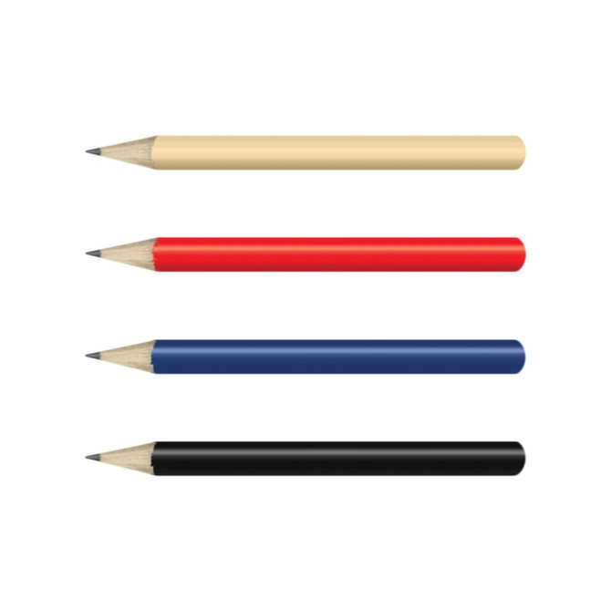 HB Mini Pencils in beige, red, blue, and black, featuring sharpened tips and a simple design.