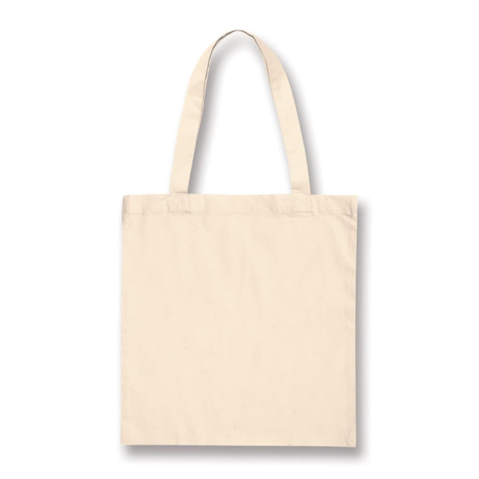 A plain beige cotton tote bag with long handles and no visible logos or designs.