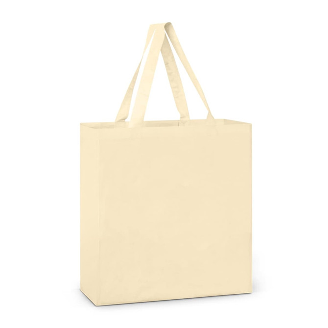 A plain cream-coloured cotton tote bag with two handles and a simple design, featuring a logo.