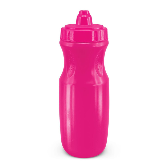 A drink bottle in bright pink, featuring a wide body and a removable cap with a spout, and includes a logo.