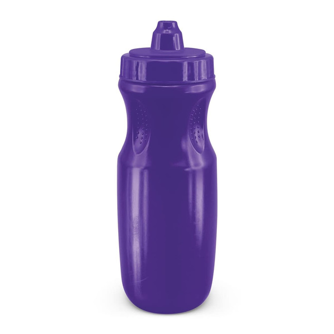 A drink bottle in a vibrant purple colour, featuring a lid and a textured grip, with a logo on the side.