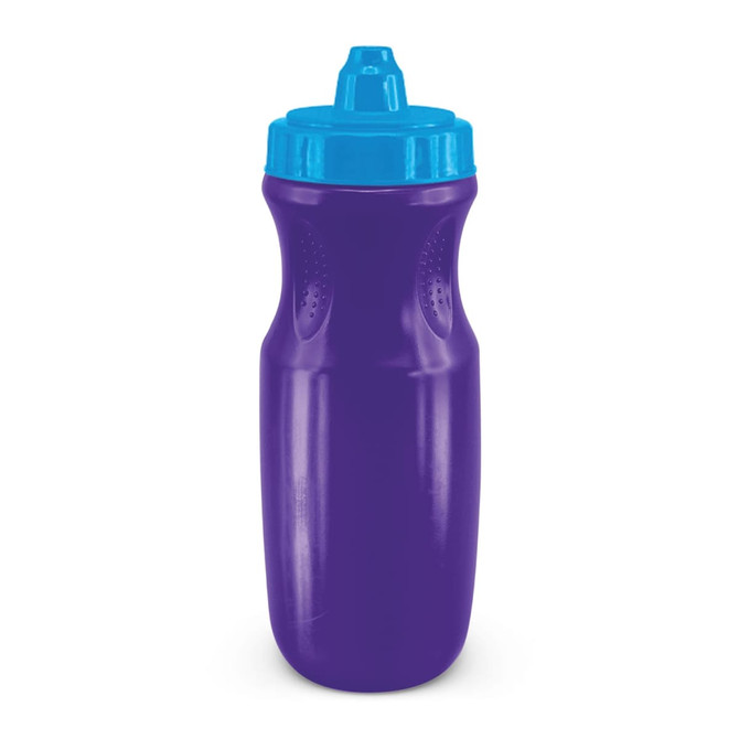 A drink bottle in purple with a blue lid, featuring a textured grip and a logo on the side.