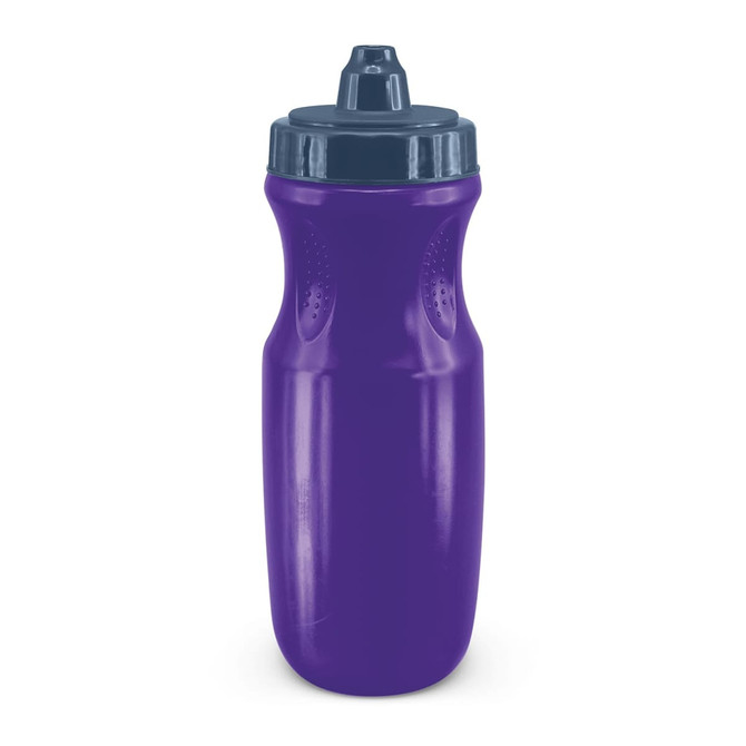 A drink bottle in a vibrant purple colour with a dark blue cap and a textured grip. It features a logo.