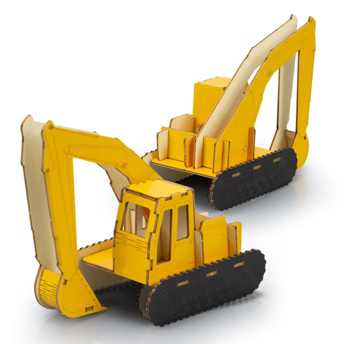 A yellow wooden model of an excavator with tracks and a scoop, featuring a simple, layered design and a branding logo.