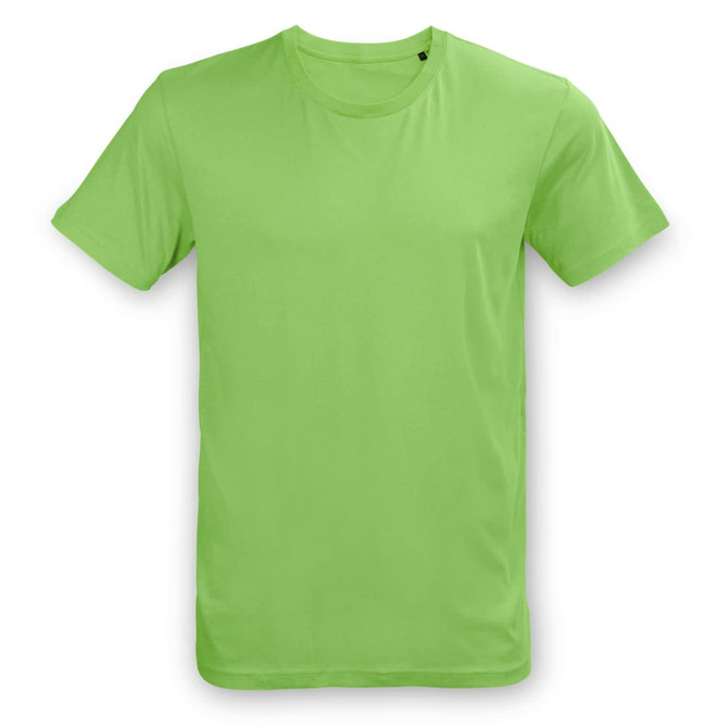 A vibrant green unisex T-shirt with a casual fit, featuring a small logo on the neckline.
