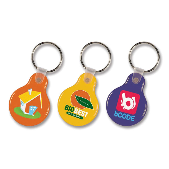 A round, colourful flexi resin key ring in orange, yellow, and purple, featuring various logos.