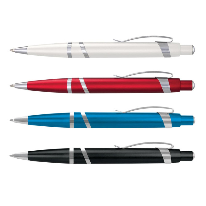 A collection of four plastic pens in white, red, blue, and black, each featuring a sleek design and a logo.