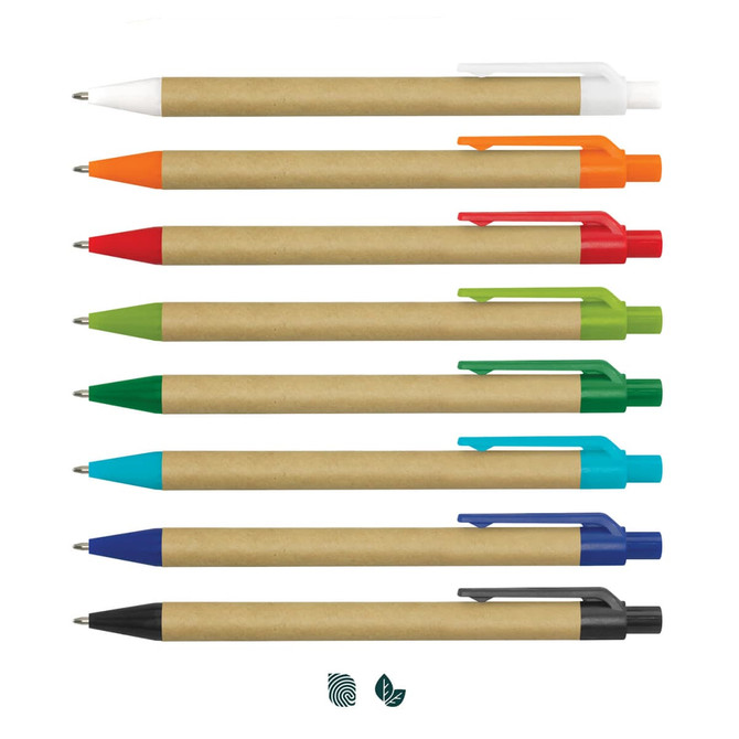 A collection of ten Kraft Pens in various colours including red, green, blue, orange, and black, with a natural brown barrel.
