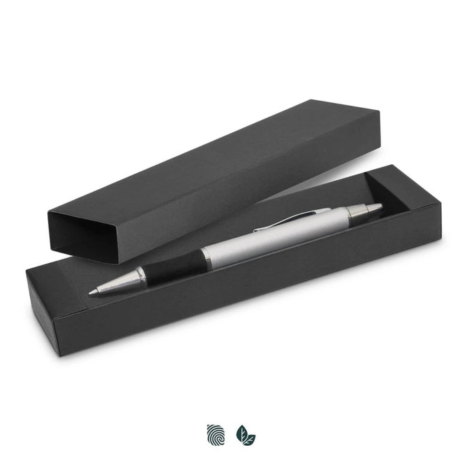A black wedge gift box containing a silver pen with a black grip. The box features a logo.