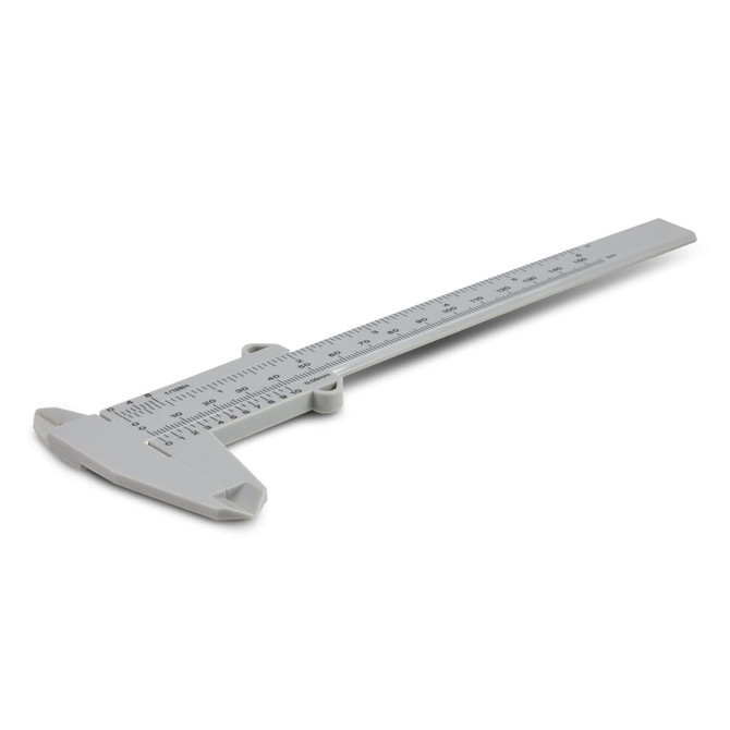A grey vernier caliper with a straight measurement scale and a branded logo.