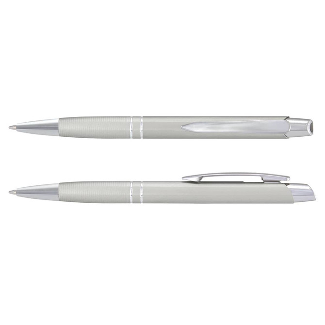 A silver metal pen with a sleek design and chrome accents. The pen has a branding logo on its body.