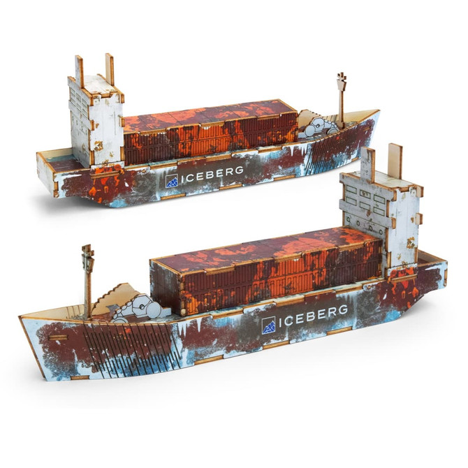 A wooden model of a cargo ship in rusted colours, featuring detailed shipping containers and a simple hull design.
