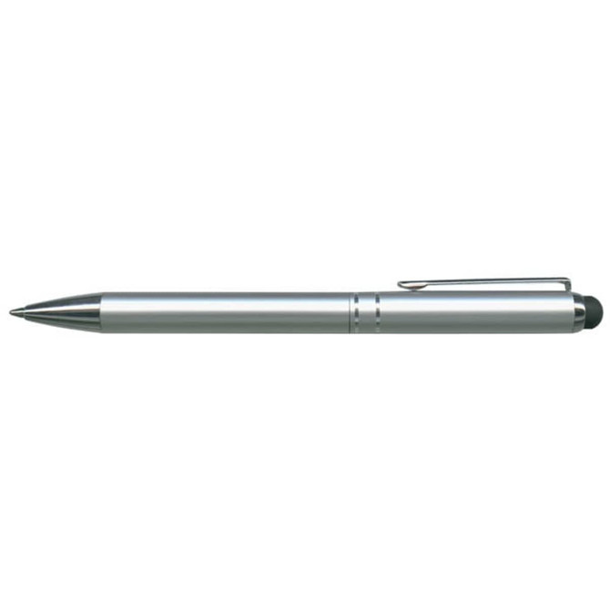 A metal stylus pen in silver with a black tip and a clip attachment. Features a sleek, modern design.