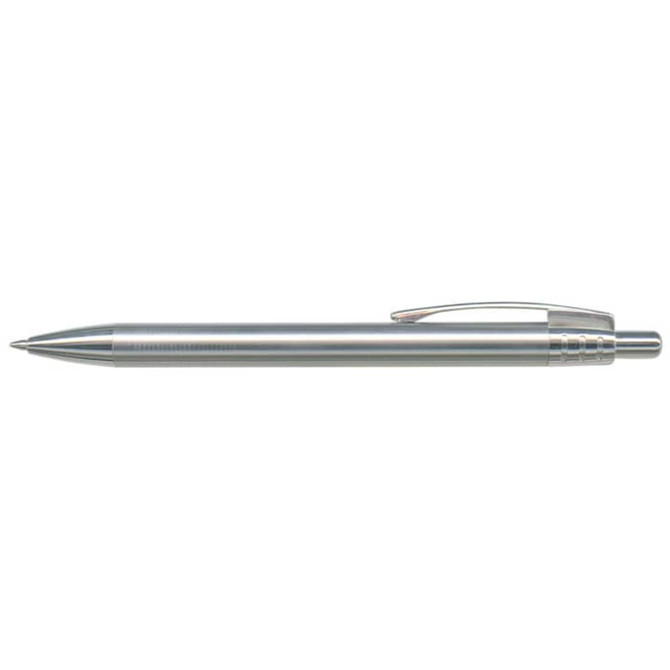 A silver metal pen with a sleek design and a clip. The pen has a logo on its body.