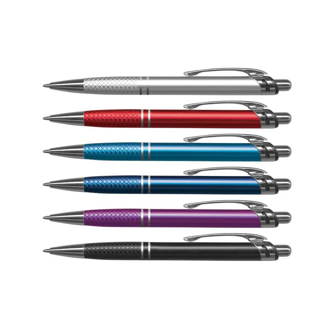 A collection of six metal pens in silver, red, blue, purple, and black, featuring a variety of designs and a logo.