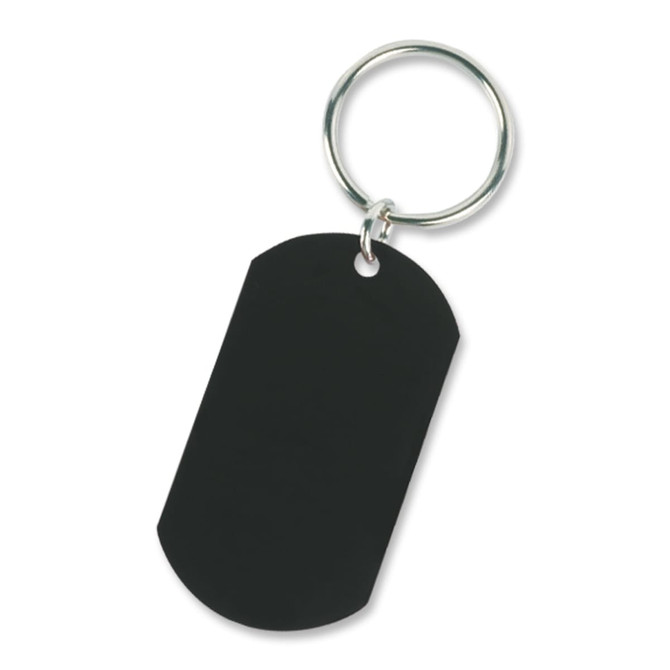 A black key ring with a rectangular tag and a metal circular ring for attachment.