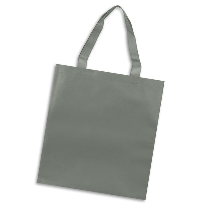 A grey tote bag with two handles and a simple design, featuring a logo on one side.