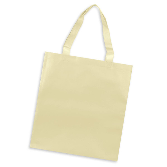 A pale yellow tote bag with sturdy handles and a plain design, featuring a logo on one side.