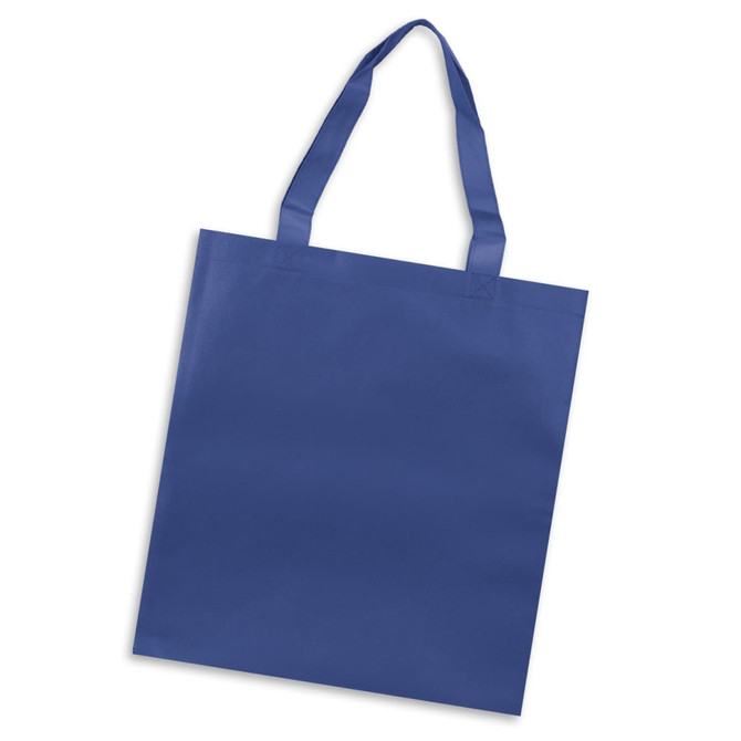 A blue tote bag with two handles, featuring a simple design and a branding logo.