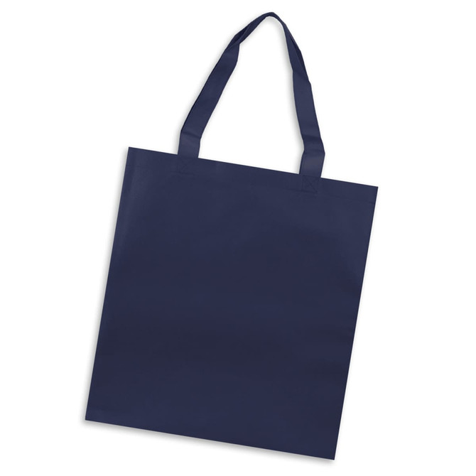 A navy tote bag with two handles and a simple design, featuring a logo.