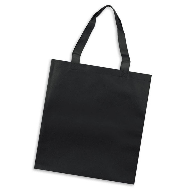 A black tote bag with two sturdy handles and a plain design, featuring a logo.