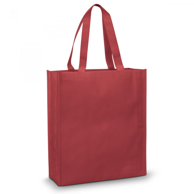 A red tote bag with two handles and a simple design, featuring a logo on one side.