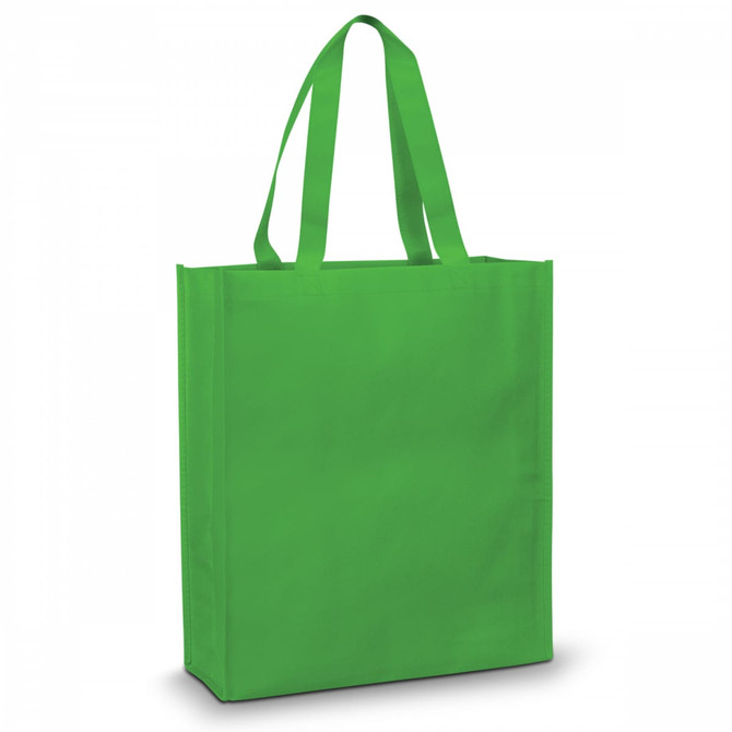 A green tote bag with two sturdy handles and a simple design. It has a logo on one side.