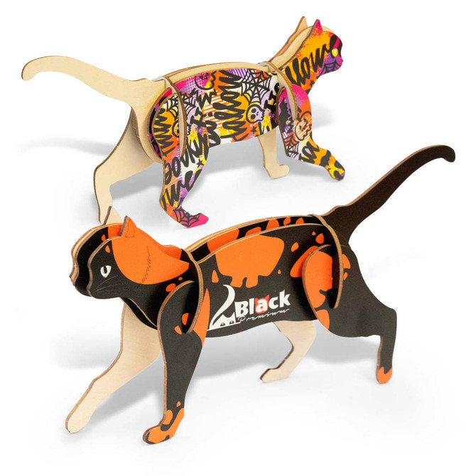 A wooden cat model in vibrant colours, featuring intricate designs and a branding logo.