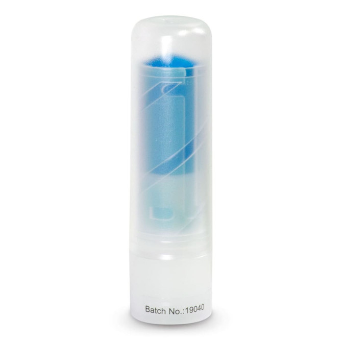A cylindrical product container with a transparent body and a blue interior, featuring a white base and branding.