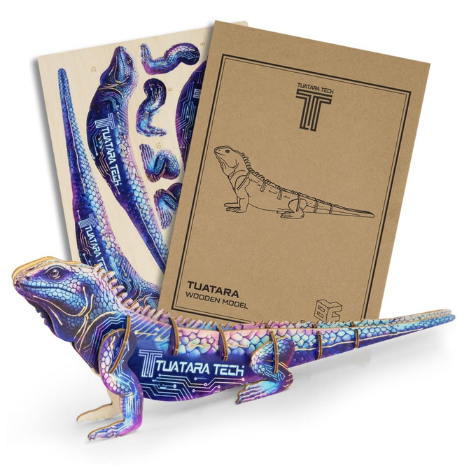 A colourful wooden model of a tuatara lizard, accompanied by assembly instructions and showcasing intricate design details.