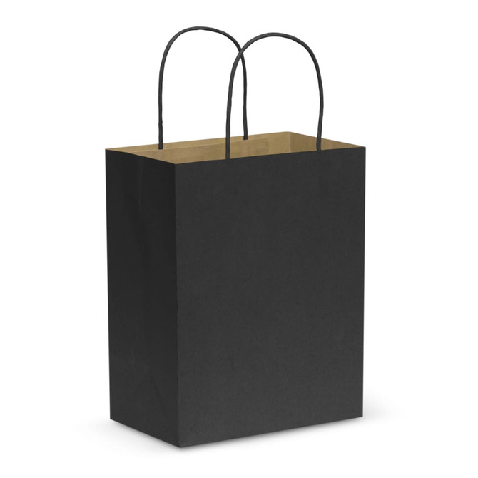 A medium paper carry bag in black with black handles and a natural interior. It features a logo.