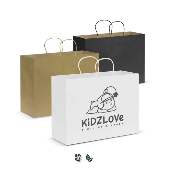 A set of three extra-large paper carry bags in white, black, and brown, featuring handles and a logo.