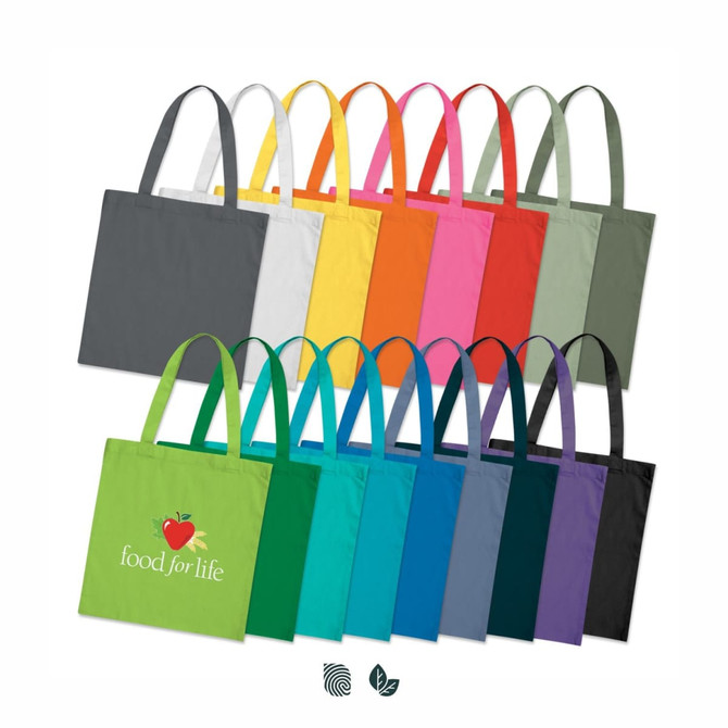 A collection of Sonnet Cotton Tote Bags in various colours, featuring a logo on some bags.