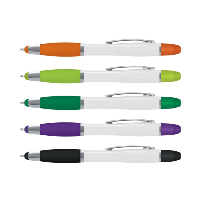 A collection of Vistro Multi-Function Pens in orange, green, purple, and black, featuring a plastic design and a logo.