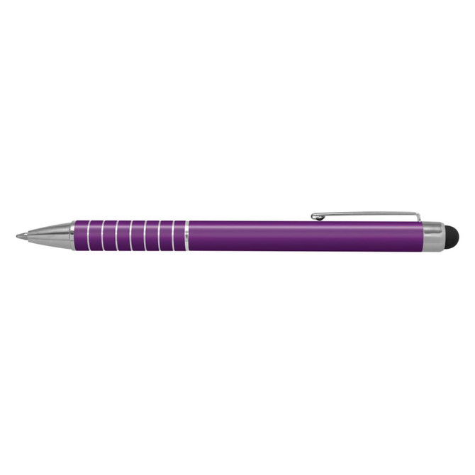 A purple stylus pen with a metallic silver clip and striped detailing along the barrel.